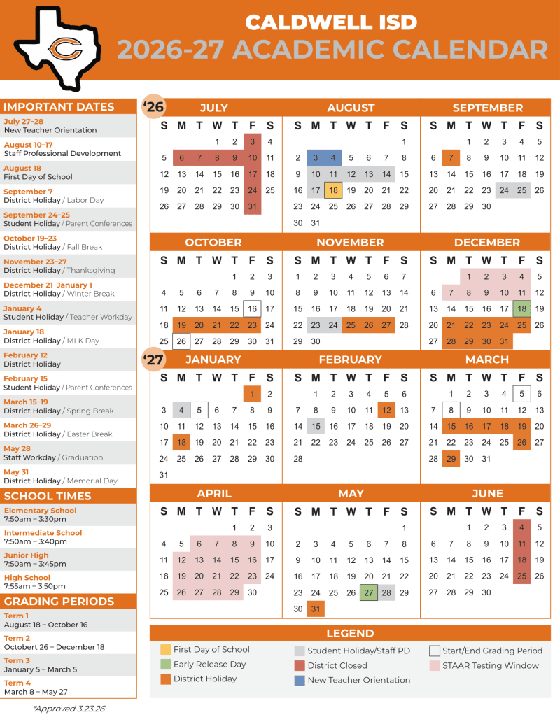 Caldwell Independent School District 2026–2027 Academic Calendar