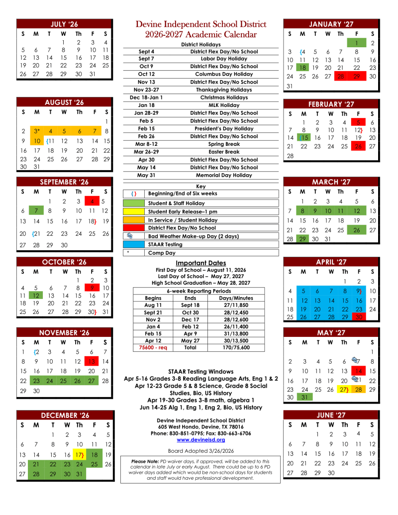 Devine Independent School District 2026–2027 Academic Calendar