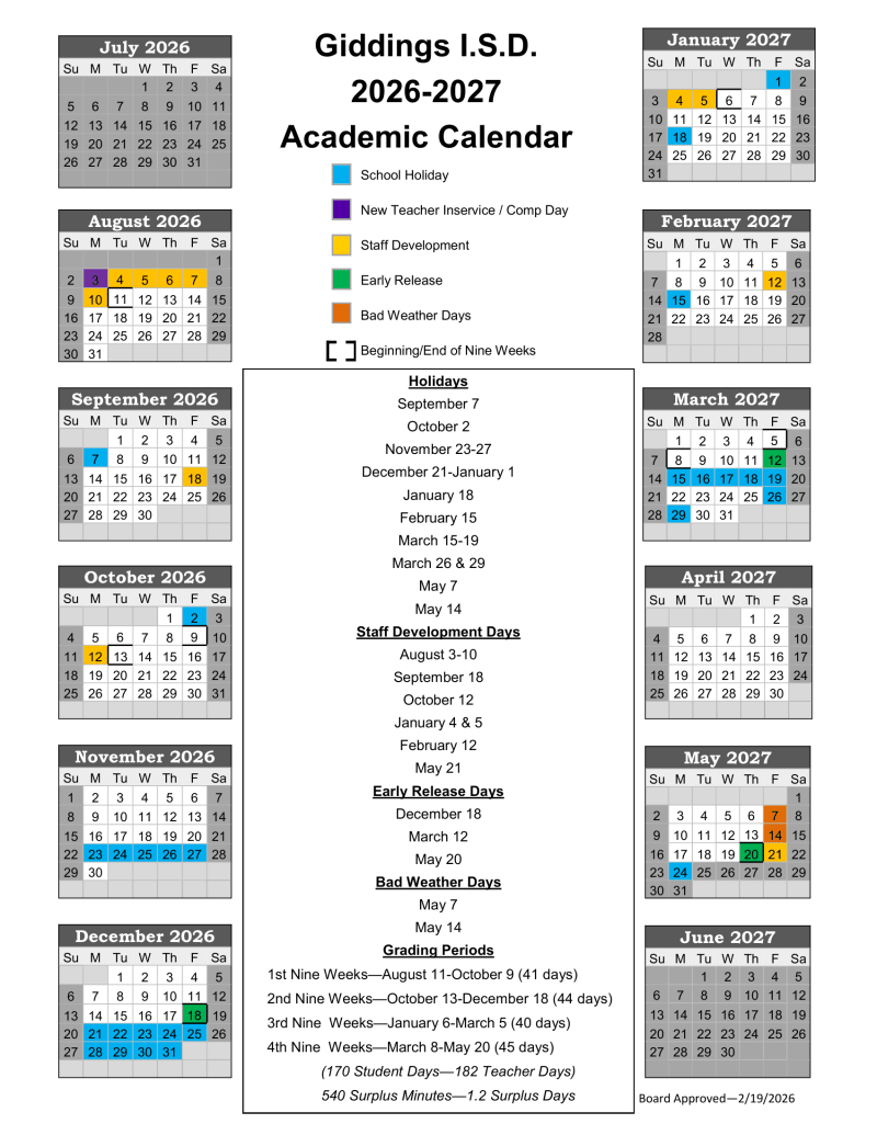 Giddings I.S.D. 2026–2027 Academic Calendar