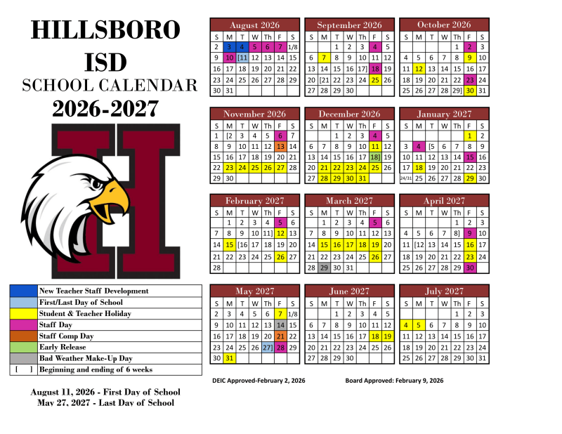 Hillsboro ISD 2026–2027 Academic Calendar