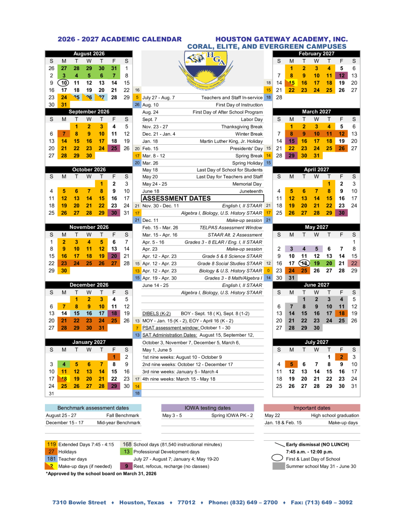Houston Gateway Academy, Inc. 2026–2027 Academic Calendar