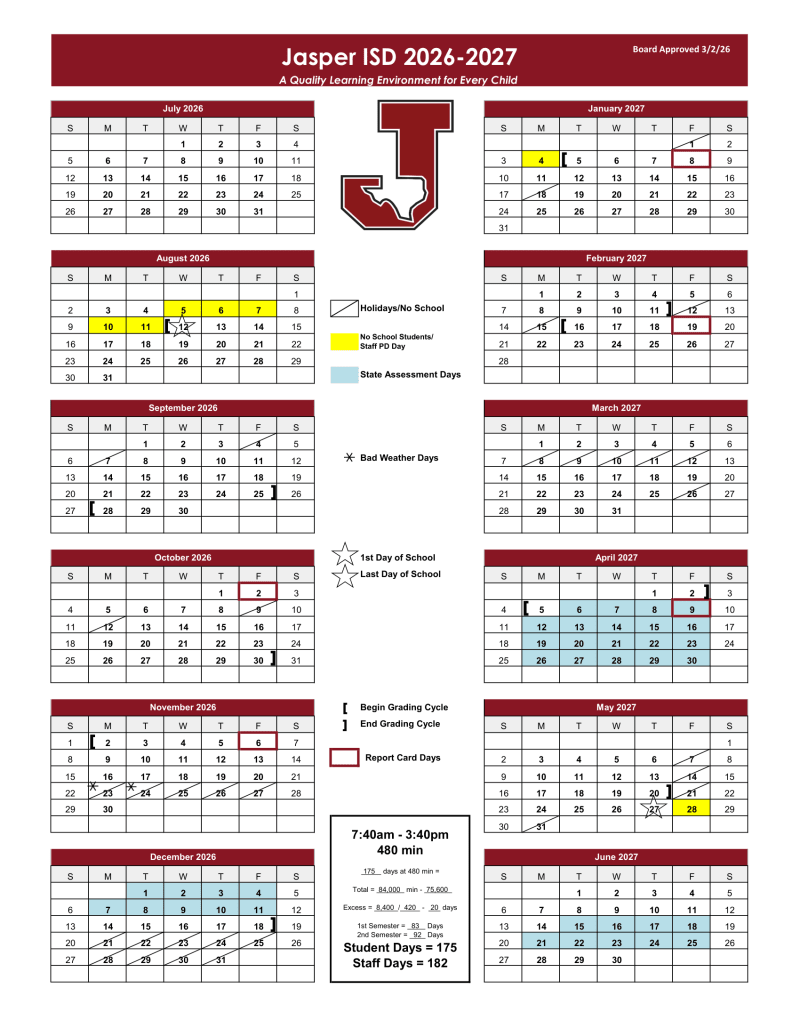 Jasper ISD 2026–2027 Academic Calendar