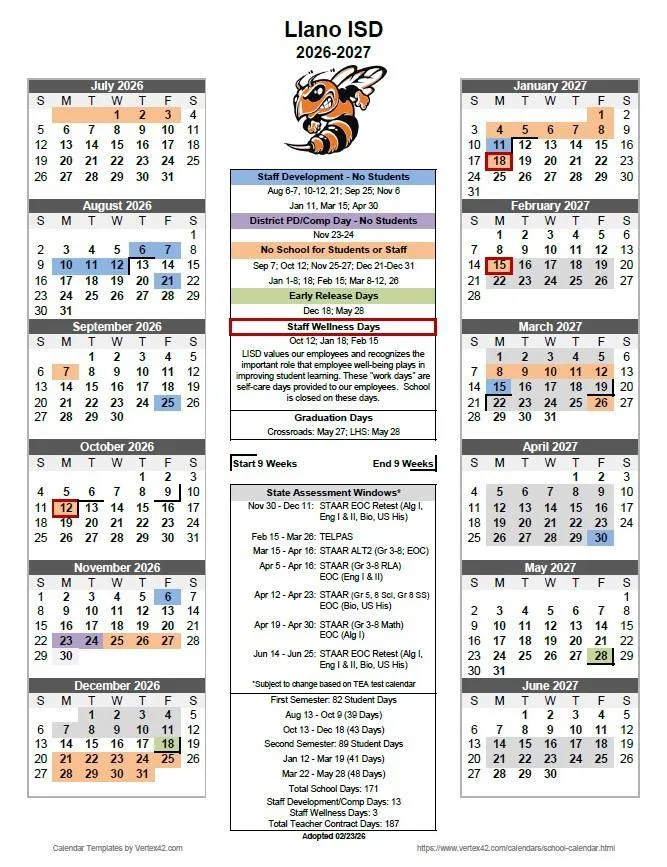 Llano ISD 2026–2027 Academic Calendar Page 1