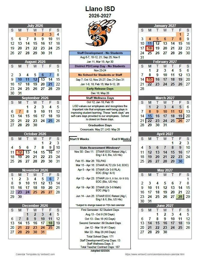 Llano ISD 2026–2027 Academic Calendar Page 3
