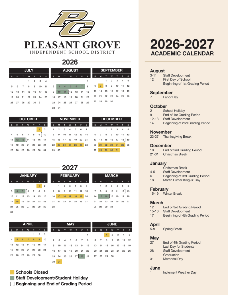 Pleasant Grove Independent School District 2026–2027 Academic Calendar Page 1
