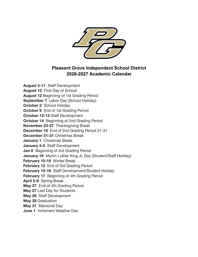 Pleasant Grove Independent School District 2026–2027 Academic Calendar Page 2