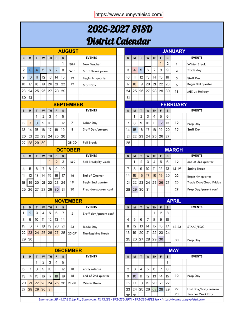 Sunnyvale ISD 2026–2027 Academic Calendar