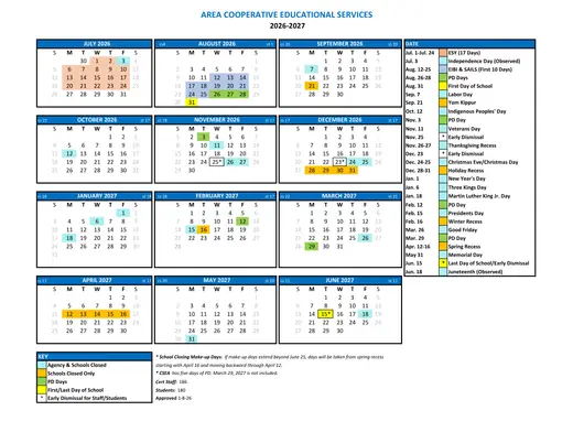 Area Cooperative Educational Services 2026–2027 Academic Calendar