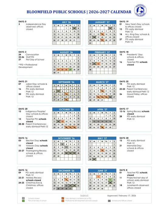 Bloomfield Public Schools 2026–2027 Academic Calendar Page 1