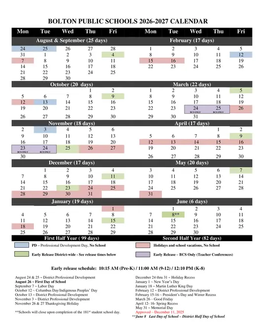 Bolton Public Schools 2026–2027 Academic Calendar Page 1