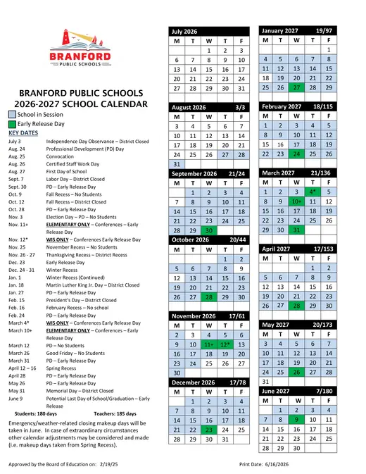 Branford Public Schools 2026–2027 Academic Calendar Page 1