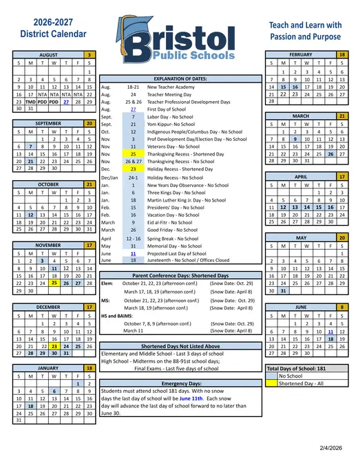 Bristol Public Schools 2026–2027 Academic Calendar