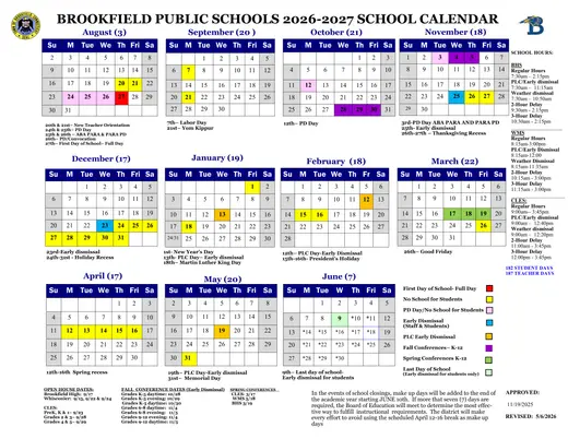 Brookfield Public Schools 2026–2027 Academic Calendar