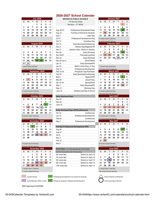 Brooklyn Public Schools 2026–2027 Academic Calendar Page 1