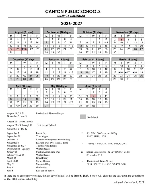 Canton Public Schools 2026–2027 Academic Calendar Page 1