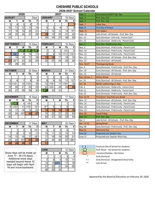 Cheshire Public Schools 2026–2027 Academic Calendar Page 1