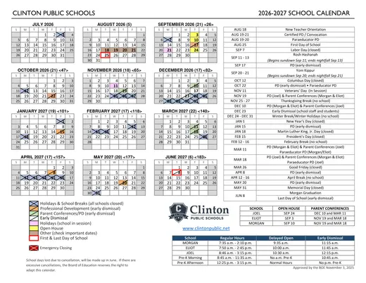 Clinton Public Schools 2026–2027 Academic Calendar Page 1