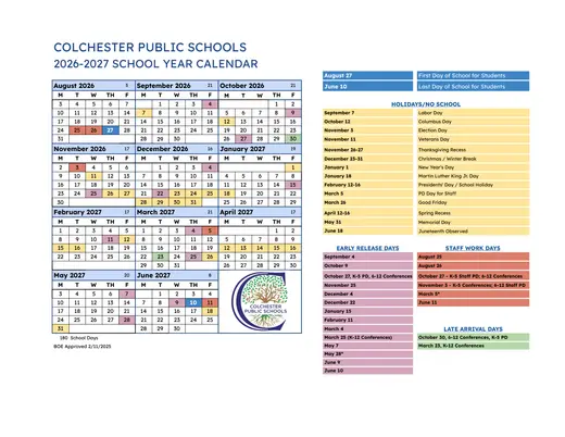 Colchester Public Schools 2026–2027 Academic Calendar Page 1