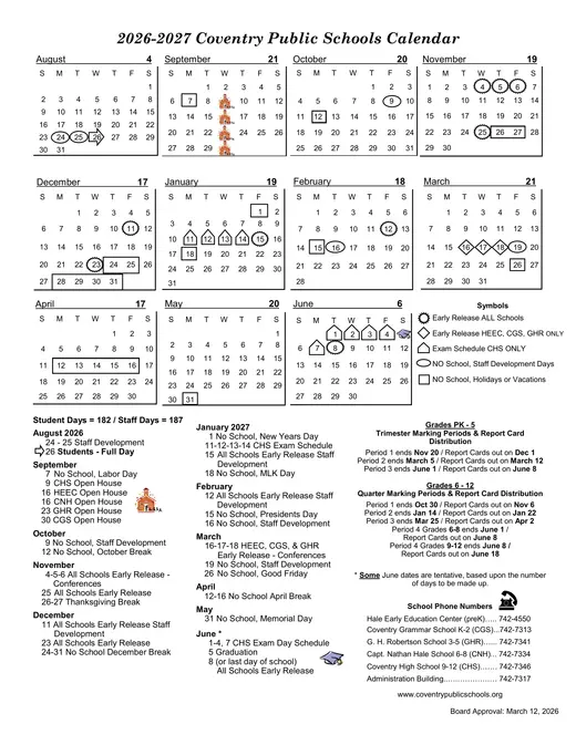 Coventry Public Schools 2026–2027 Academic Calendar Page 1