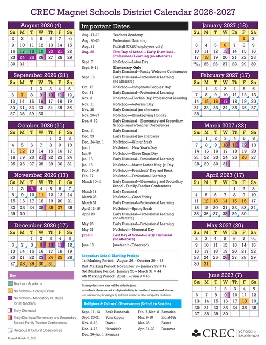 CREC Magnet Schools District 2026–2027 Academic Calendar Page 1