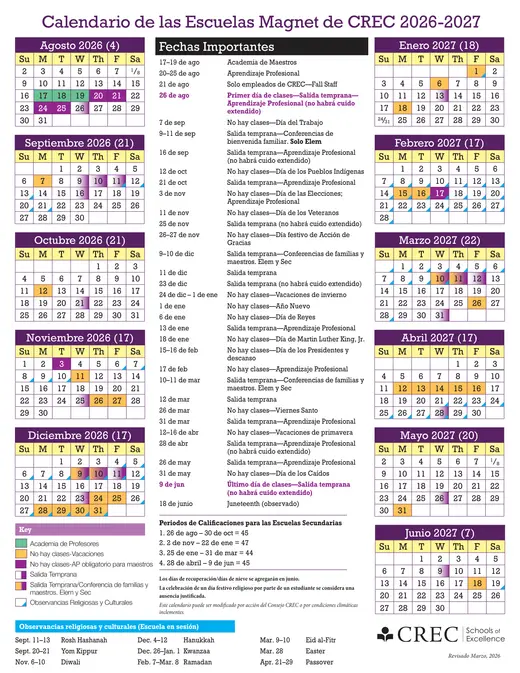 CREC Magnet Schools District 2026–2027 Academic Calendar Page 2