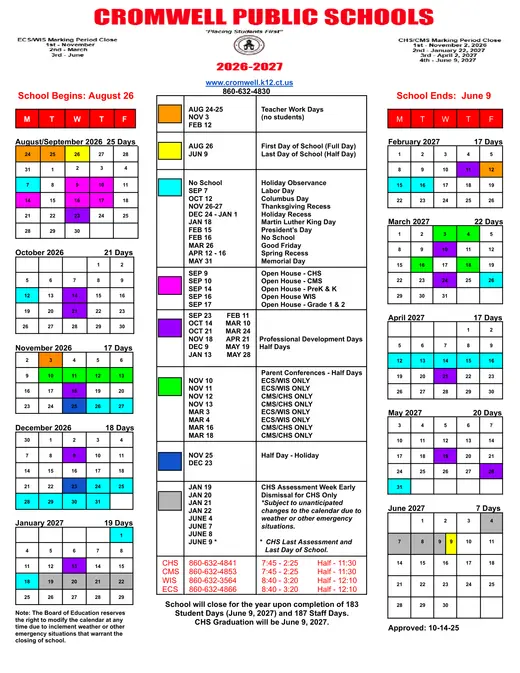 Cromwell Public Schools 2026–2027 Academic Calendar Page 1
