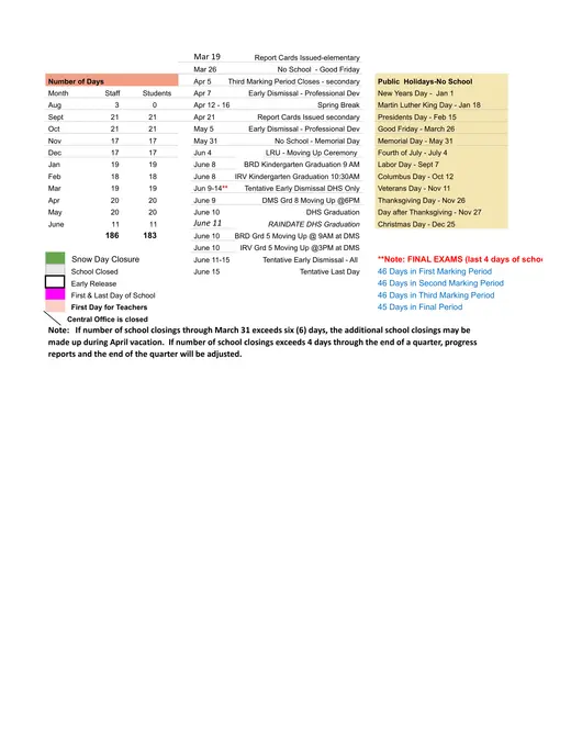 Derby Public Schools 2026–2027 Academic Calendar Page 2