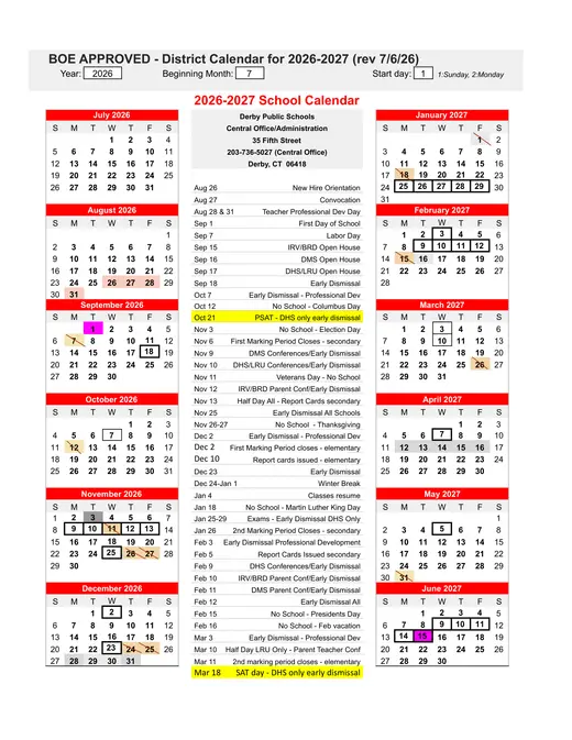 Derby Public Schools 2026–2027 Academic Calendar Page 1