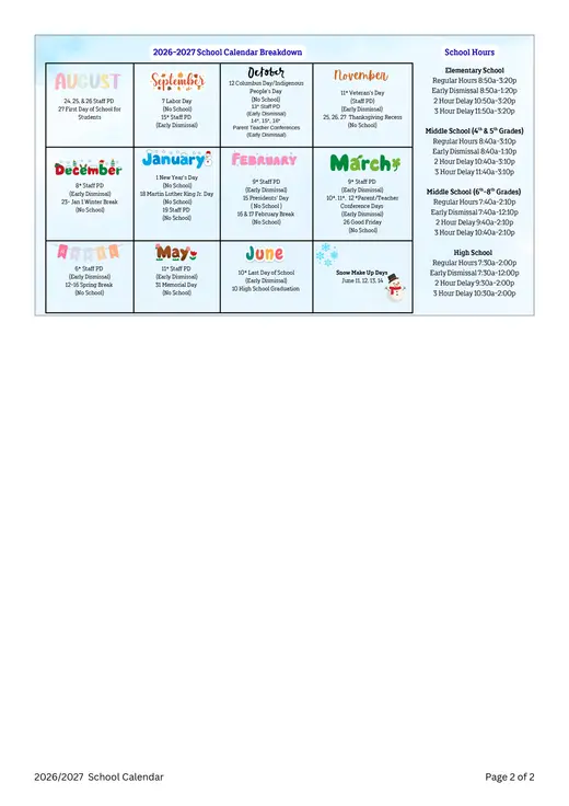 East Haddam Public Schools 2026–2027 Academic Calendar Page 2