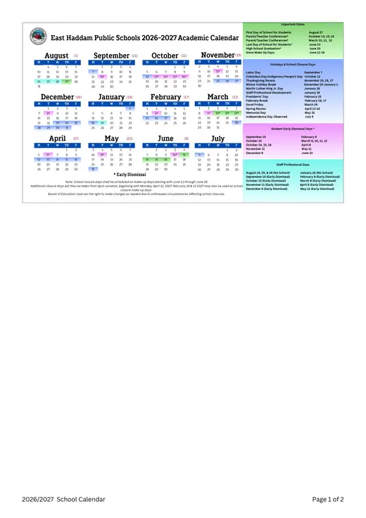 East Haddam Public Schools 2026–2027 Academic Calendar Page 1