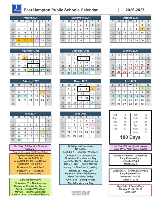 East Hampton Public Schools 2026–2027 Academic Calendar Page 1