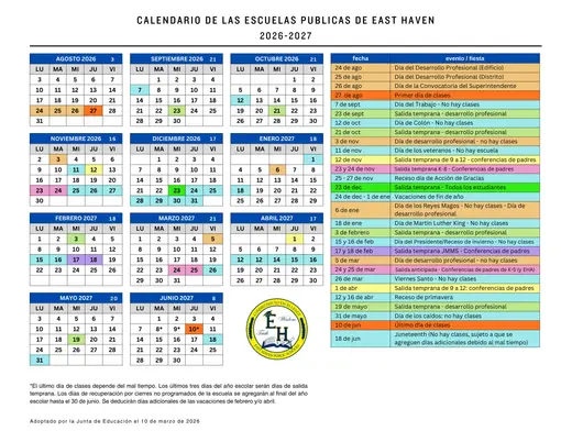 East Haven Public Schools 2026–2027 Academic Calendar Page 2