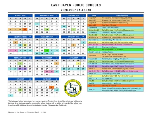 East Haven Public Schools 2026–2027 Academic Calendar Page 1