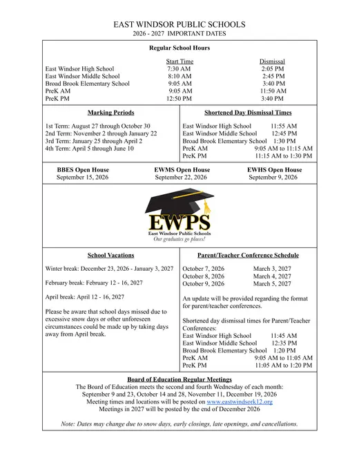 East Windsor Public Schools 2026–2027 Academic Calendar Page 2