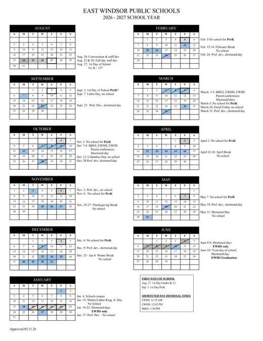 East Windsor Public Schools 2026–2027 Academic Calendar Page 1