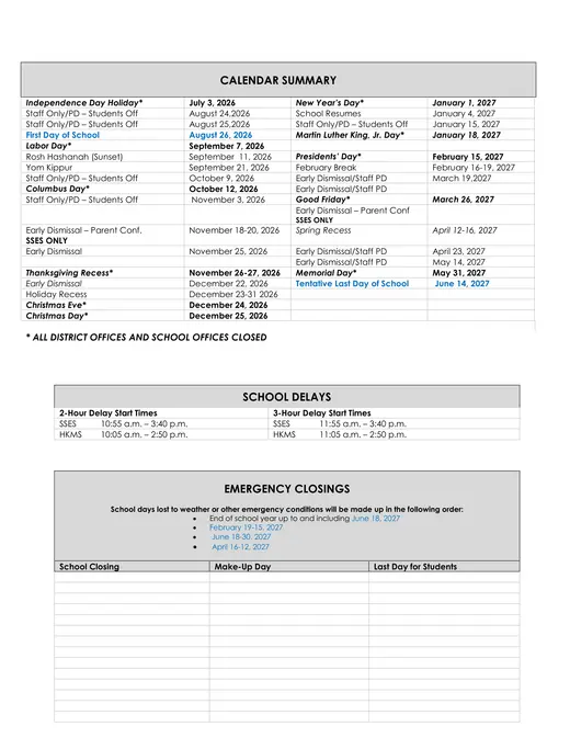 Easton School District 2026–2027 Academic Calendar Page 2
