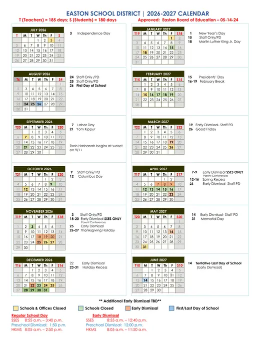 Easton School District 2026–2027 Academic Calendar Page 1