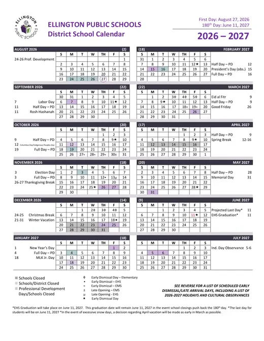 Ellington Public Schools 2026–2027 Academic Calendar Page 1