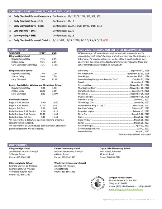 Ellington Public Schools 2026–2027 Academic Calendar Page 2