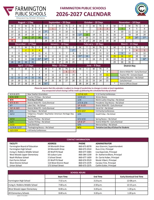 Farmington Public Schools 2026–2027 Academic Calendar