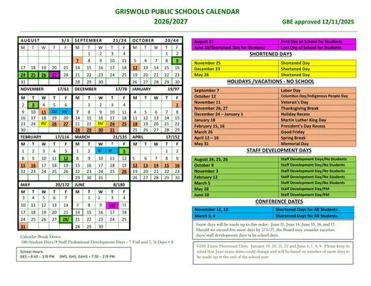 Griswold Public Schools 2026–2027 Academic Calendar Page 1