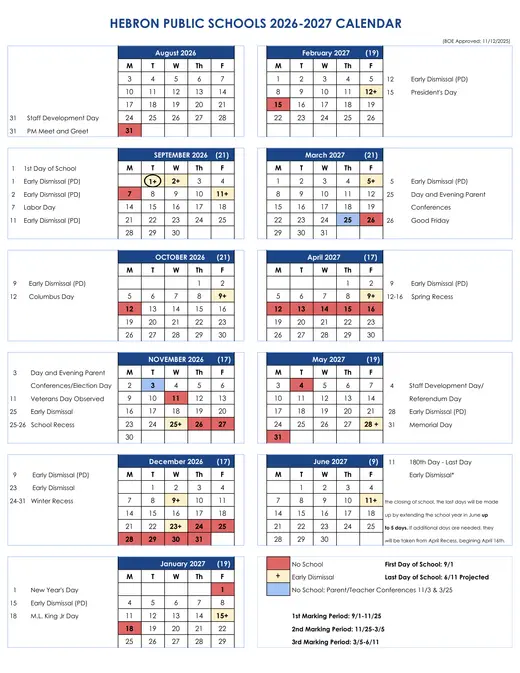 Hebron Public Schools 2026–2027 Academic Calendar Page 1