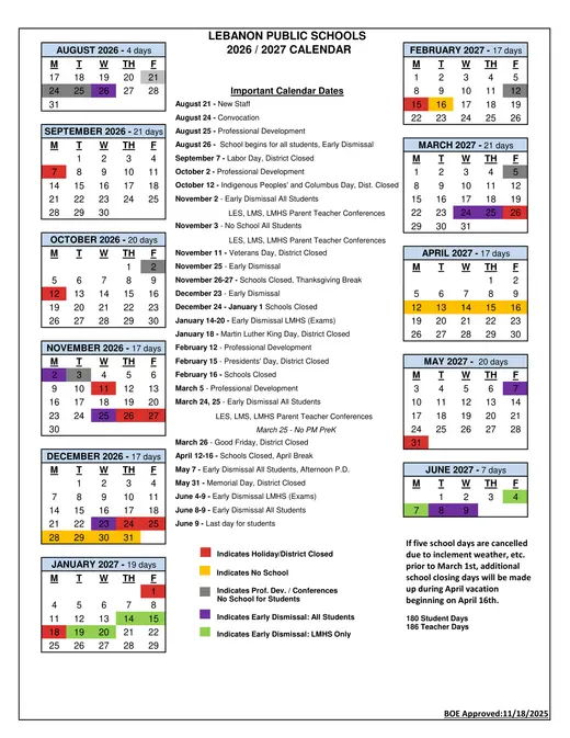 Lebanon Public School 2026–2027 Academic Calendar Page 1
