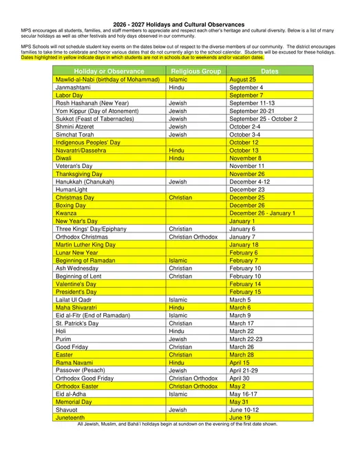 Mansfield Public Schools 2026–2027 Academic Calendar Page 2