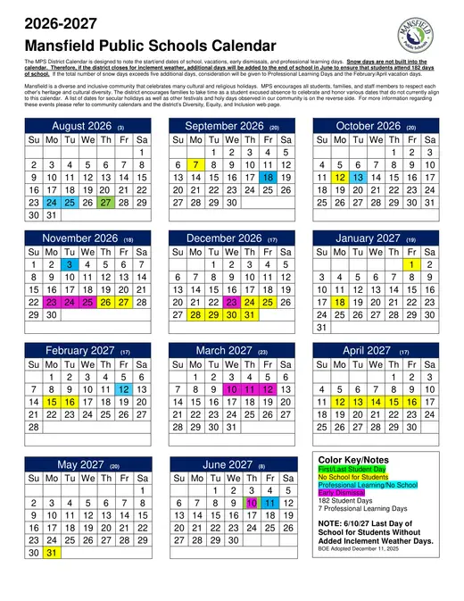Mansfield Public Schools 2026–2027 Academic Calendar Page 1