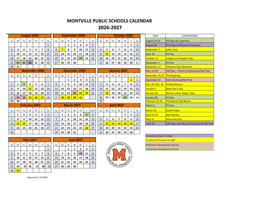 Montville Public Schools 2026–2027 Academic Calendar Page 1