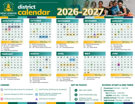 New London Public Schools 2026–2027 Academic Calendar Page 1