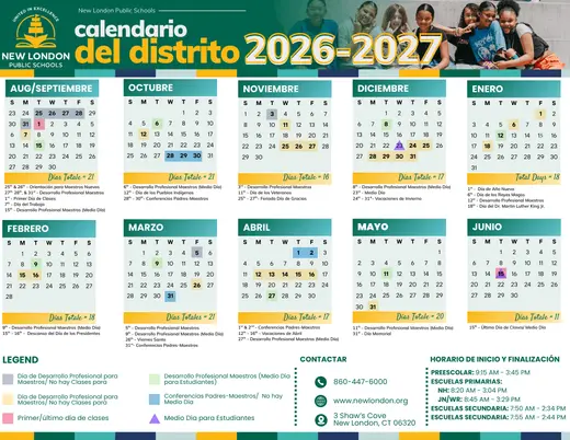 New London Public Schools 2026–2027 Academic Calendar Page 2