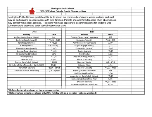 Newington Public Schools 2026–2027 Academic Calendar Page 2