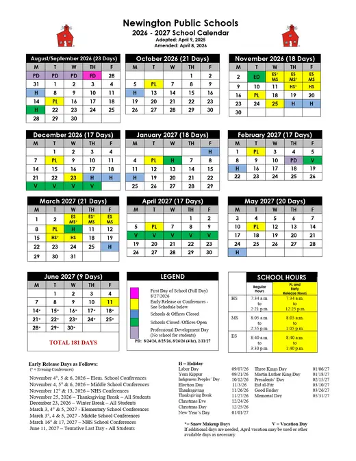 Newington Public Schools 2026–2027 Academic Calendar Page 1